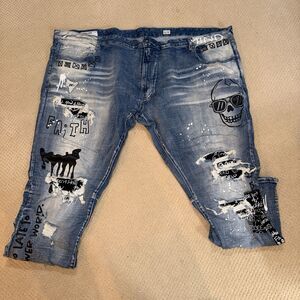 Smoke Rise Slim Jeans Men's 52/32 Blue Denim Paint Graphic Print Distressed Big